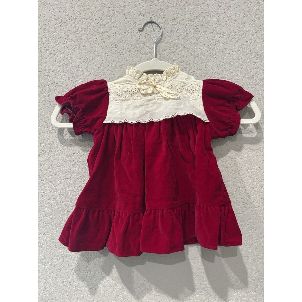 Vintage Dark Red Velvet Baby Girl Dress 18 Months